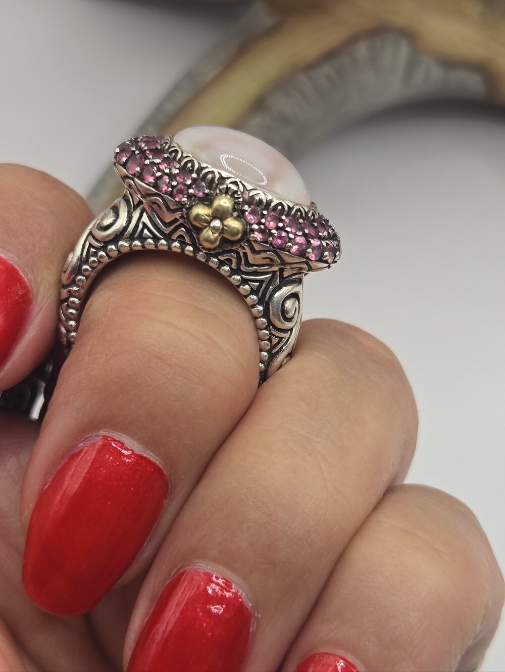 Barbara Bixby Sterling Silver 18K Gold Ring Rose Cabochon Pink Tourmaline Size 6
